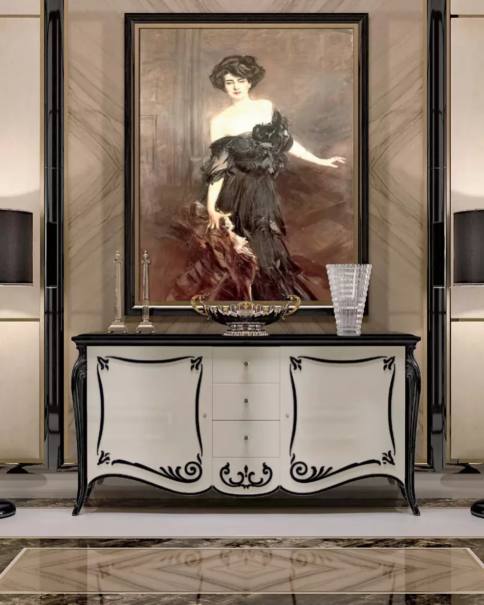 Opera Shaped Sideboard, Carved "B" Decoration, 2 Doors 3 Drawers by Francesco Pasi, Opera classic furniture