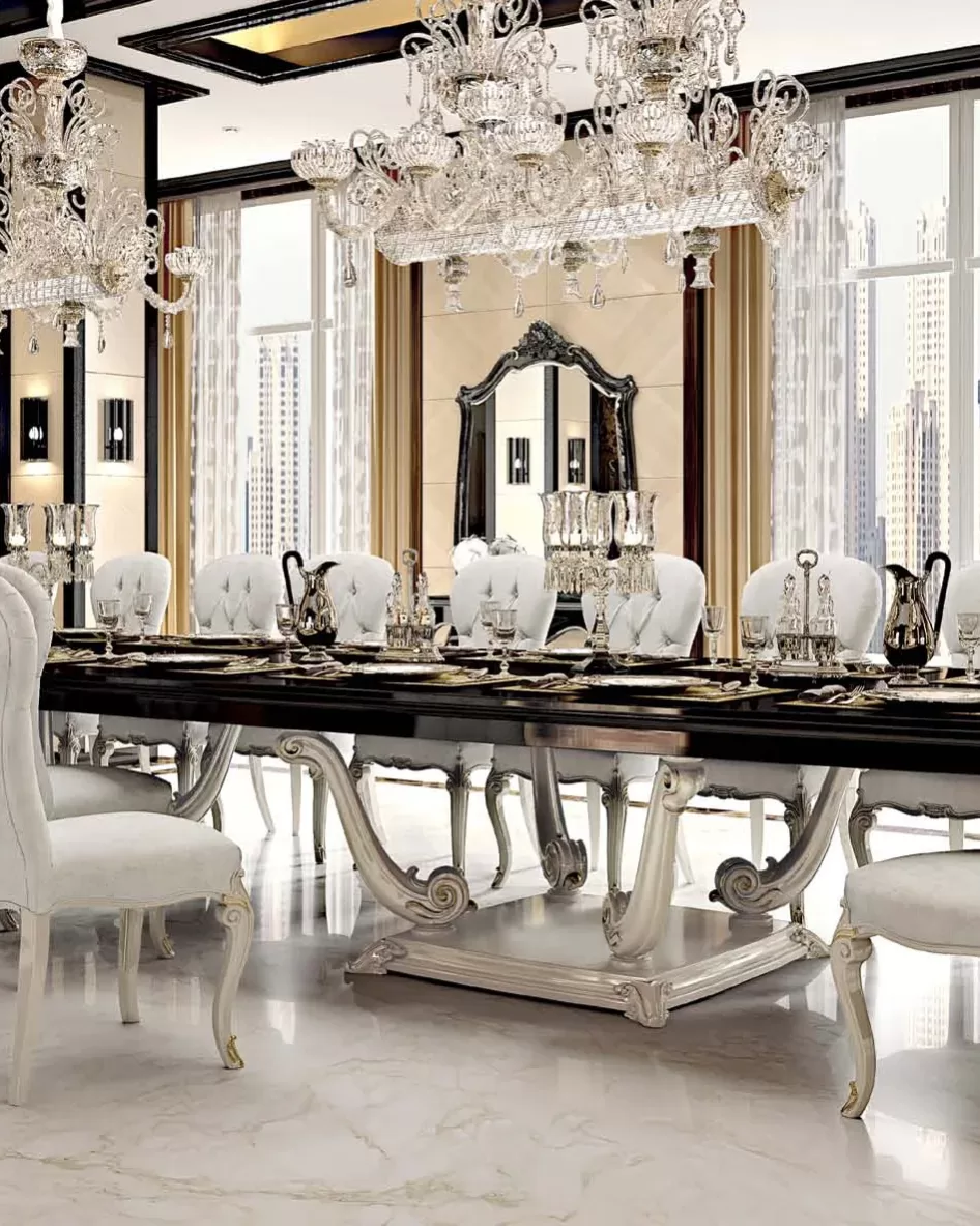 Opera Carved Extendable Rectangular Table with Two 50 cm Leaves, closed 500 cm by Francesco Pasi, traditional dining table