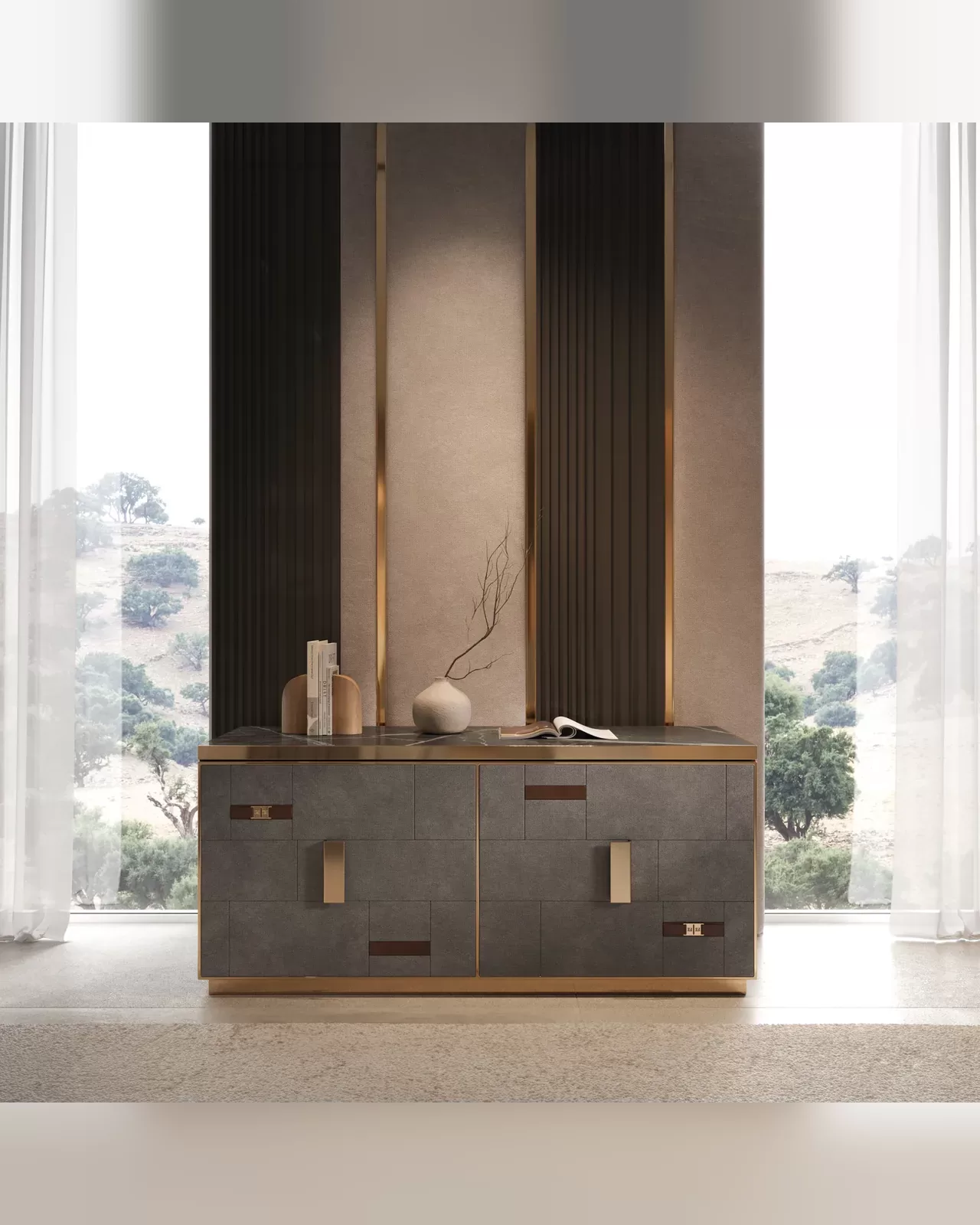 Cromo Plus Dresser, luxury dresser with upholstered drawer fronts