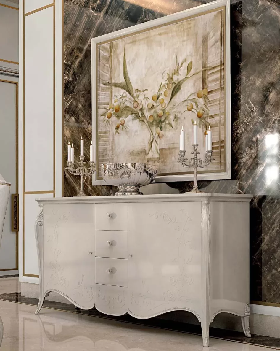 Opera Shaped Sideboard, Carved "B" Decoration by Francesco Pasi, carved Opera sideboard