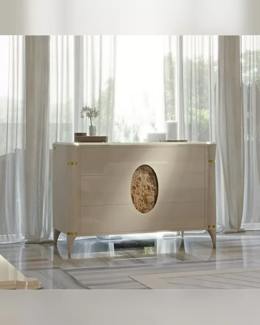 Ellipse Chest of Drawers, dresser facing a bedroom wardrobe