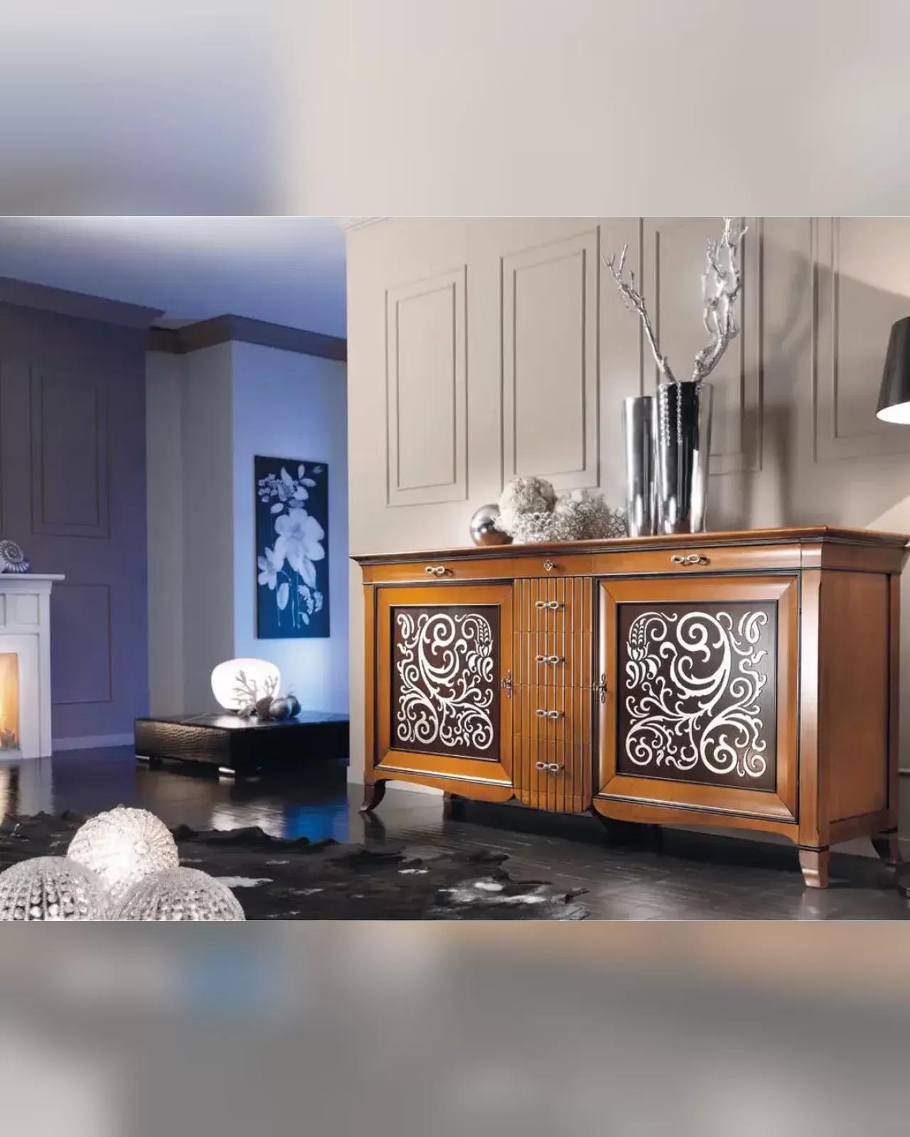 New Deco Sideboard with Silver Leaf Panels by Francesco Pasi, sideboard specified by doors and drawers
