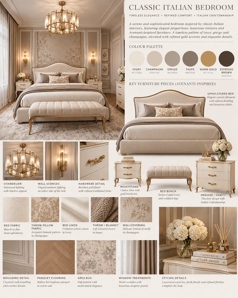Bedroom moodboard in ivory, greige and champagne with upholstered bed, bench, nightstand, dresser and fabrics