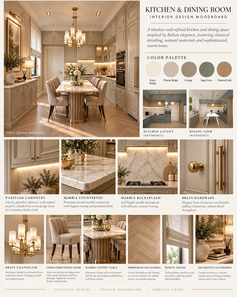 Kitchen and dining board with panelled cabinetry, marble countertop and backsplash, brass hardware and oak parquet