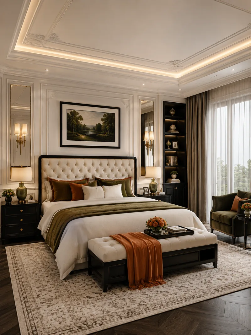Classic master bedroom with tufted ivory bed, black bench, rust throw and framed landscape