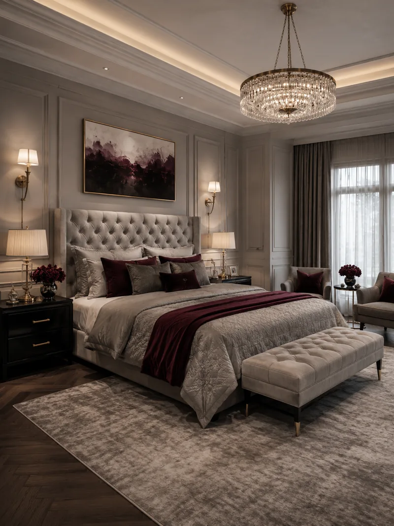 Classic master bedroom with grey tufted headboard, burgundy throw and a crystal drum chandelier
