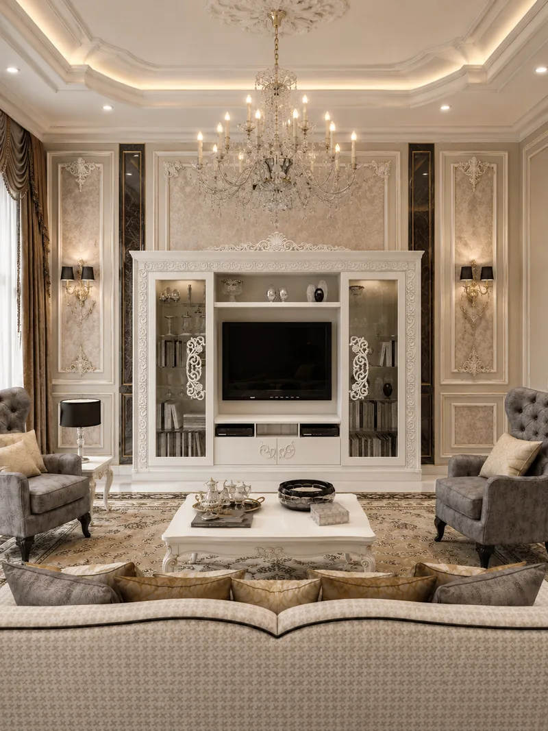 Classic living room with ivory TV cabinet, grey tufted armchairs, crystal chandelier and damask walls