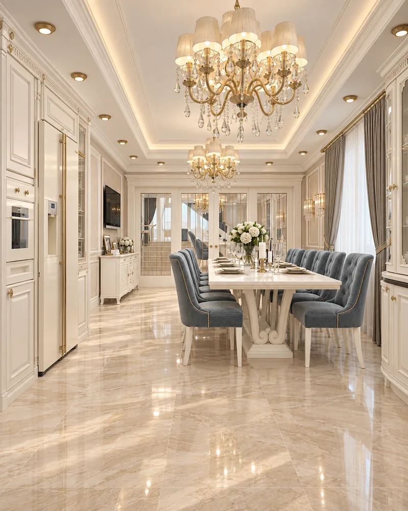Kitchen with a long white pedestal table and blue-grey tufted chairs, luxury interiors with a dining table of its own