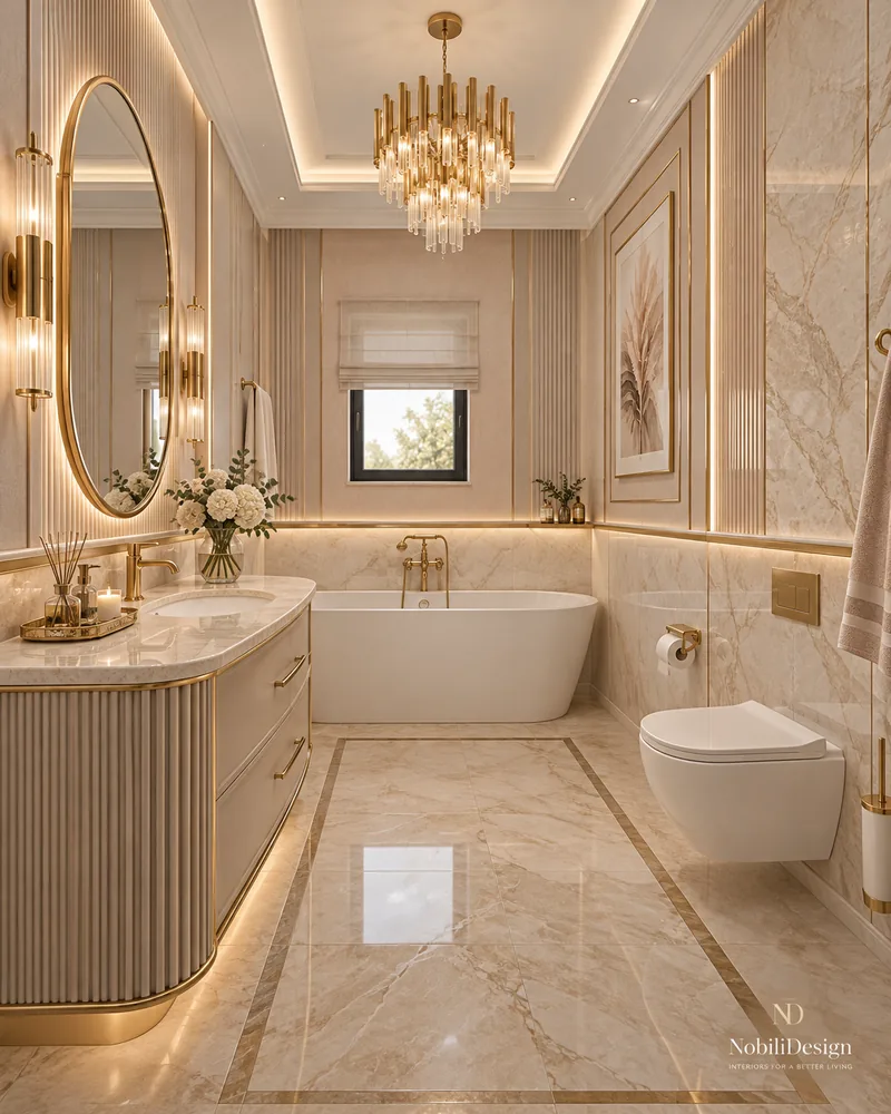 Ground-floor bathroom with freestanding tub, fluted ivory vanity, backlit oval mirror and brass-inlaid marble