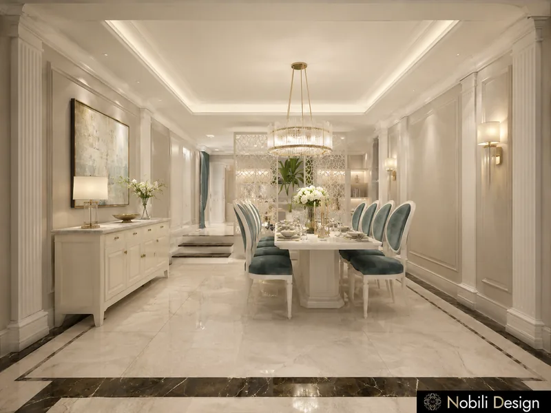 Classic dining room with white table, teal velvet chairs, carved sideboard and panelled walls