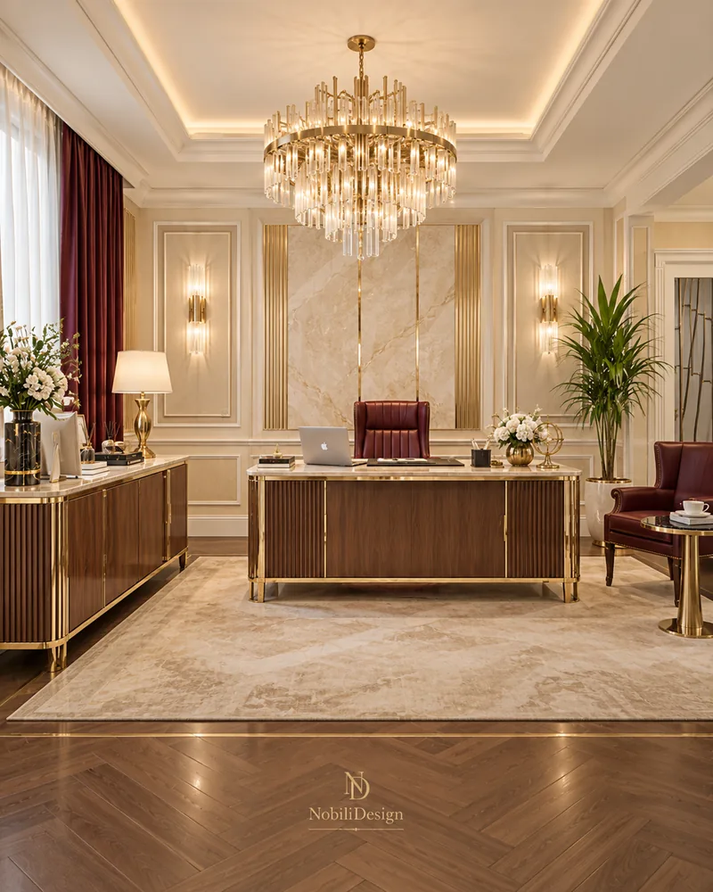 Home office with walnut and gold executive desk, burgundy leather chair, marble feature wall and herringbone floor
