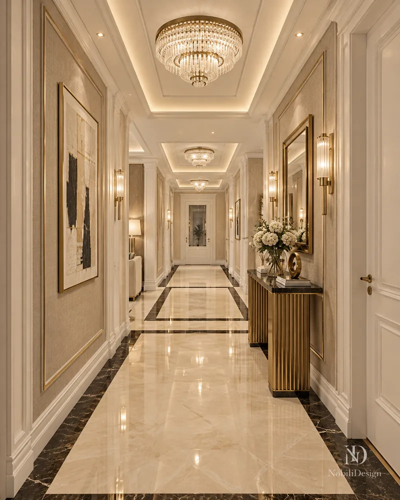Hallway with flush crystal ceiling lights, fluted brass console, gold-framed mirror and inlaid marble floor