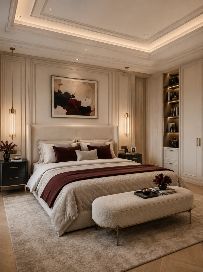 Contemporary master bedroom with cream upholstered bed, burgundy throw, tufted bench and lit shelving
