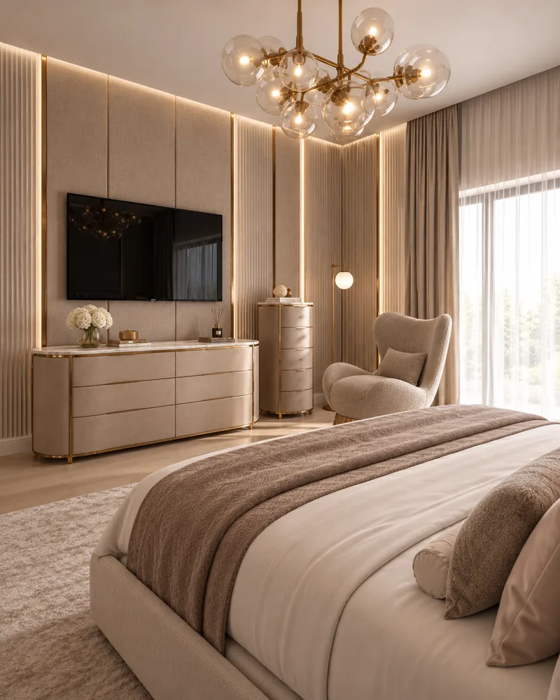Master bedroom with linen panels and a curved brass-trimmed dresser, designer furniture for the bedroom