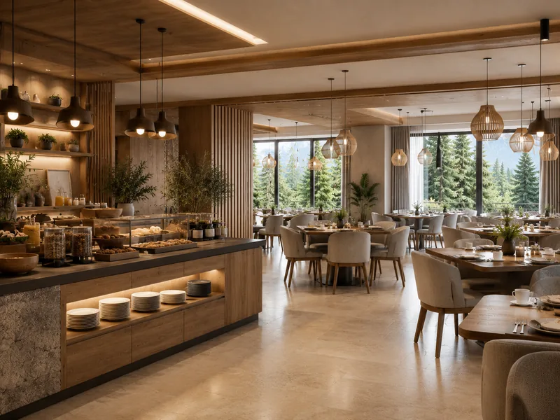 Hotel restaurant interior design with buffet counter, timber slats and tables facing the forest