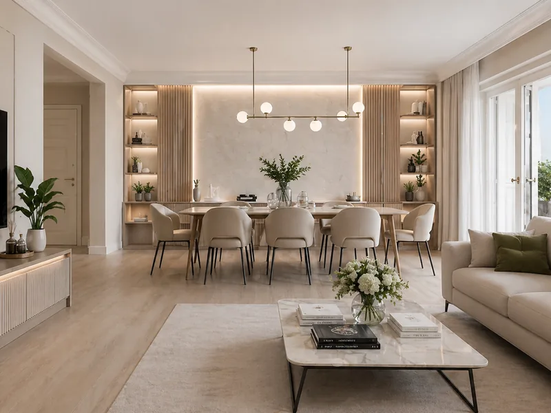 Modern living and dining room with beige sofa, ceramic-top coffee table and dining table for six