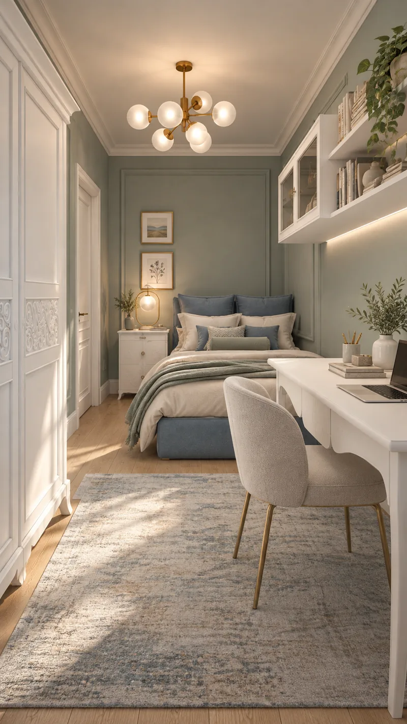 Child's bedroom in a modern apartment with blue upholstered bed, sage panelled walls and a white desk