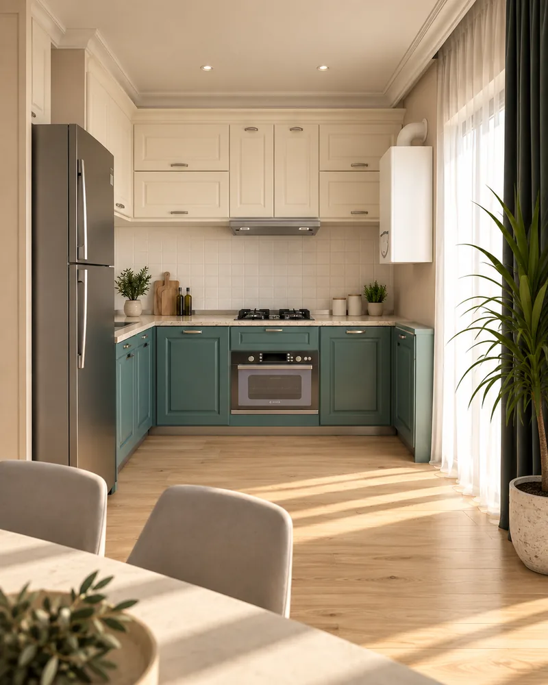Kitchen in a U layout with petrol-green shaker cabinets, cream upper units, gas hob, built-in oven and sheer curtains