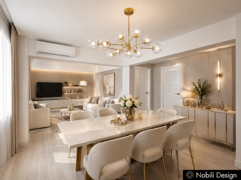 Modern dining room with white marble table, cream upholstered chairs and a glass branch chandelier