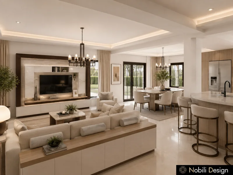 Modern living room with framed TV wall, cream sofas and a kitchen bar with upholstered stools
