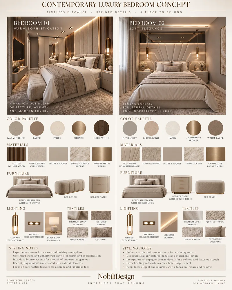 Bedroom concept board with two upholstered bed schemes, taupe and bronze palette, wood, fabric and stone swatches