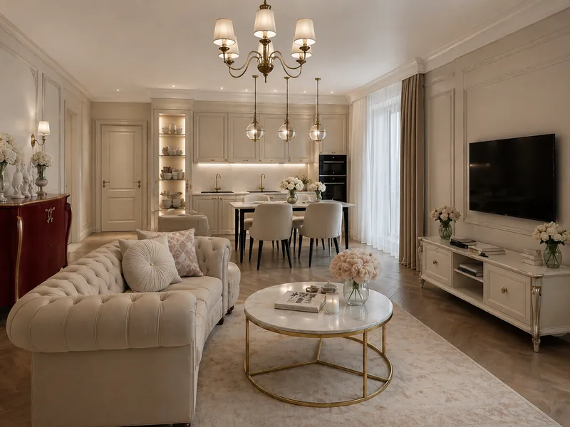 New classic living room with cream tufted sofa, round marble table with gold base and burgundy chest