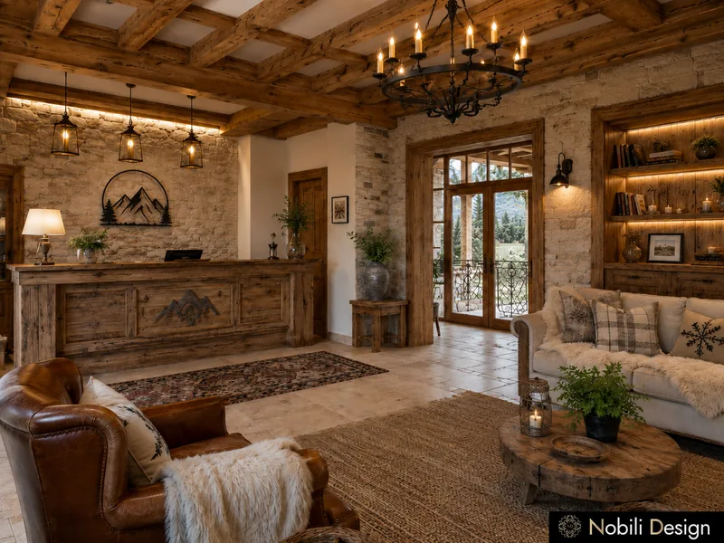 Chalet hotel interior design of a reception with carved timber desk, stone walls and iron chandelier