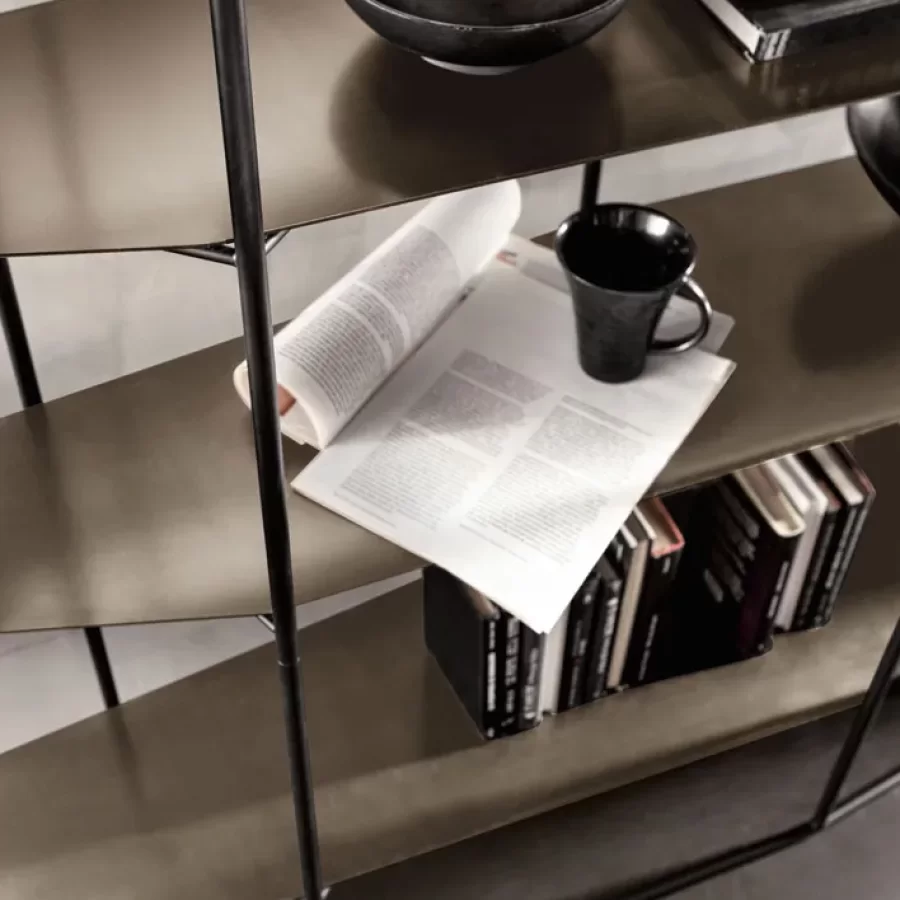Diadema Bookcase by Cantori, luxury living room furniture, glass top, asymmetric self-supporting bookcase