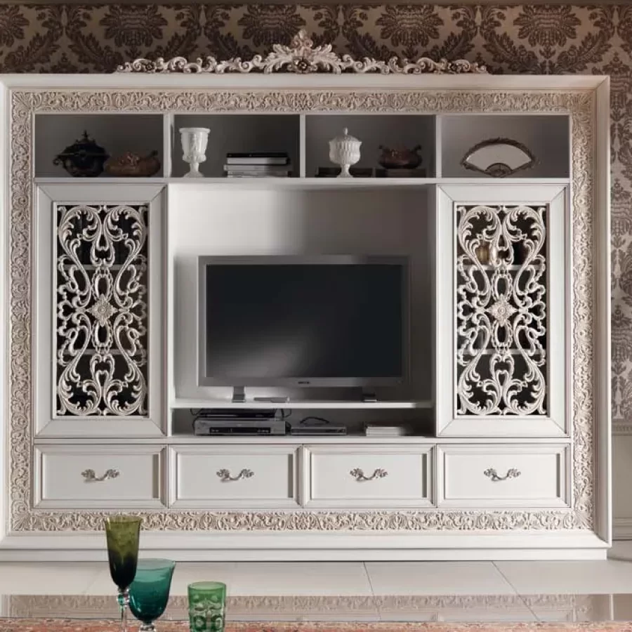 Gran Guardia Carved Wall Unit with Pierced Doors, TV Opening by Francesco Pasi, wood TV stand, 288 cm wide