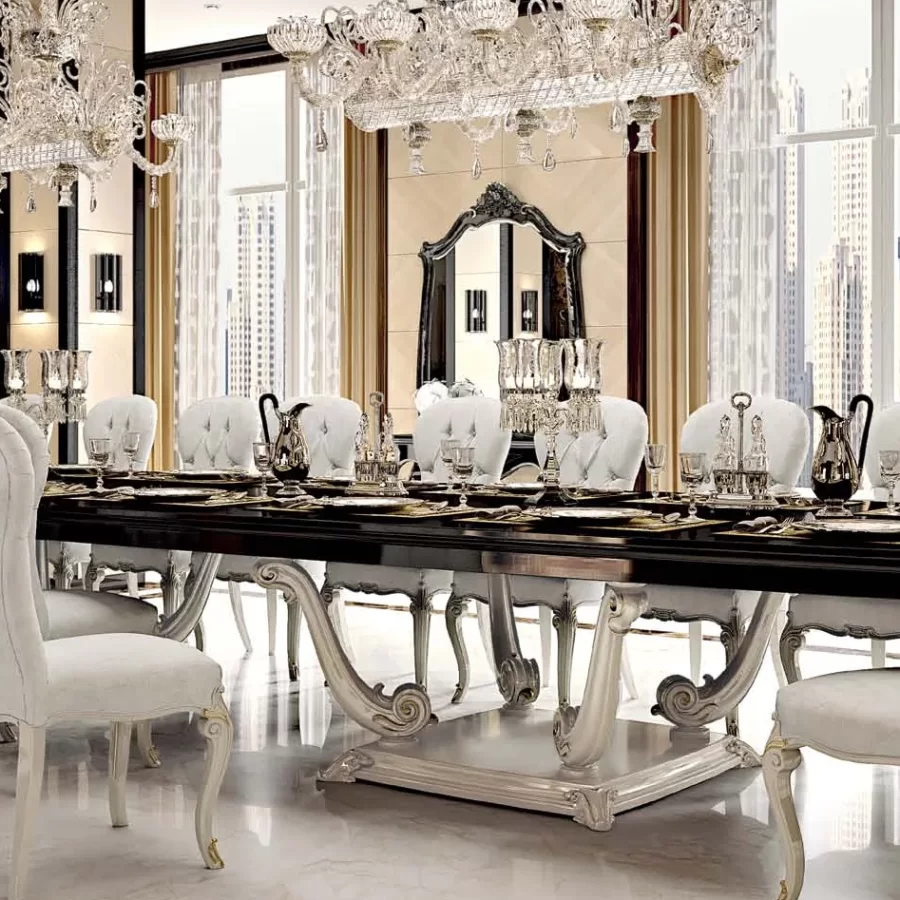 Opera Carved Extendable Rectangular Table with Two 50 cm Leaves, closed 500 cm by Francesco Pasi, dining set, 500 cm wide