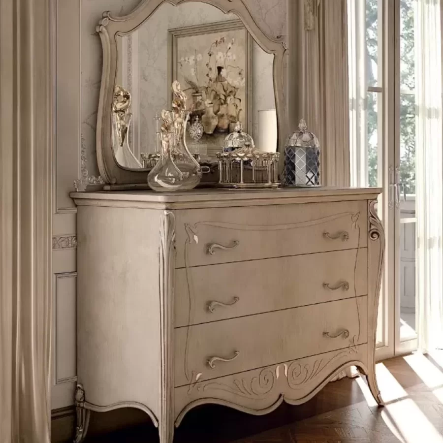 Opera Shaped Chest of Drawers, 3 Drawers, Carved "B" Decoration by Francesco Pasi, luxury bedroom furniture