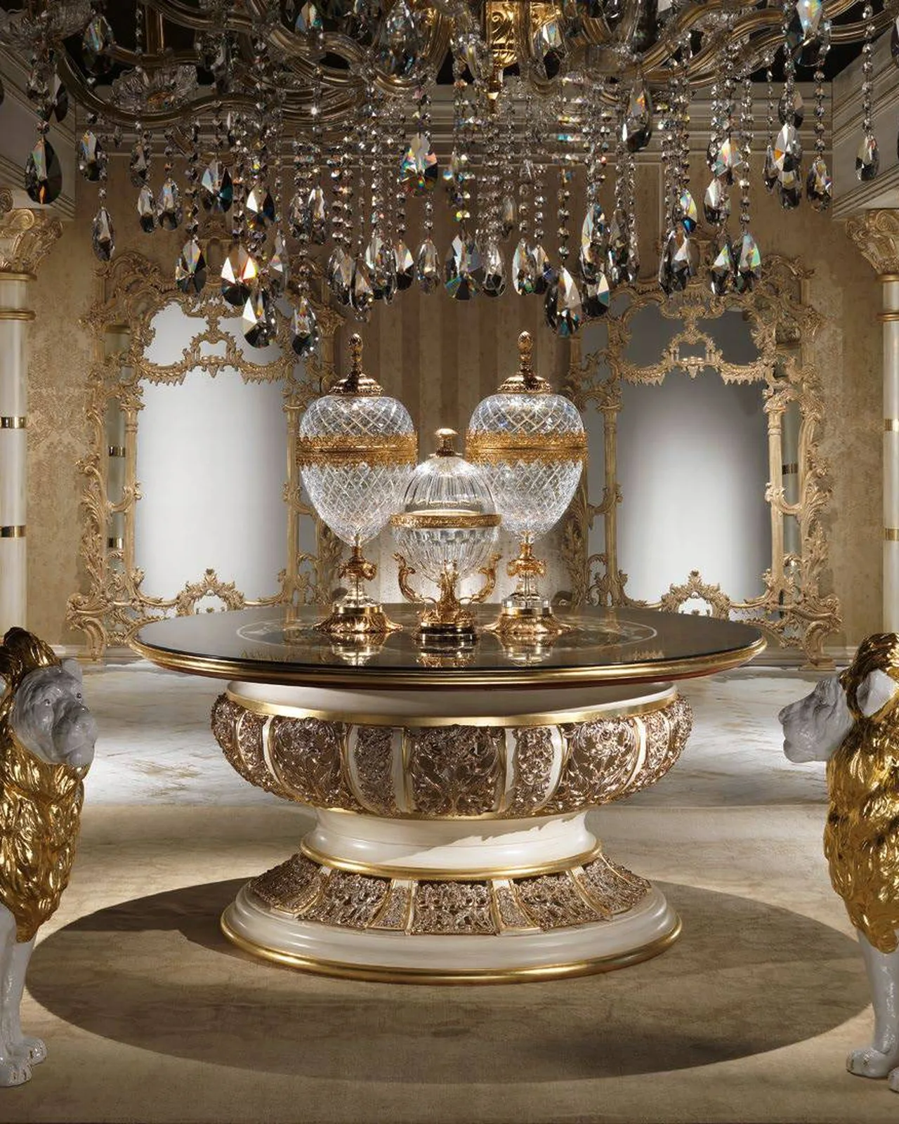 Royal Round Dining Table with Mother-of-Pearl Top N25214, Cappelletti Royal collection, classic Italian dining table in a classic dining room setting, photo 2 of 2