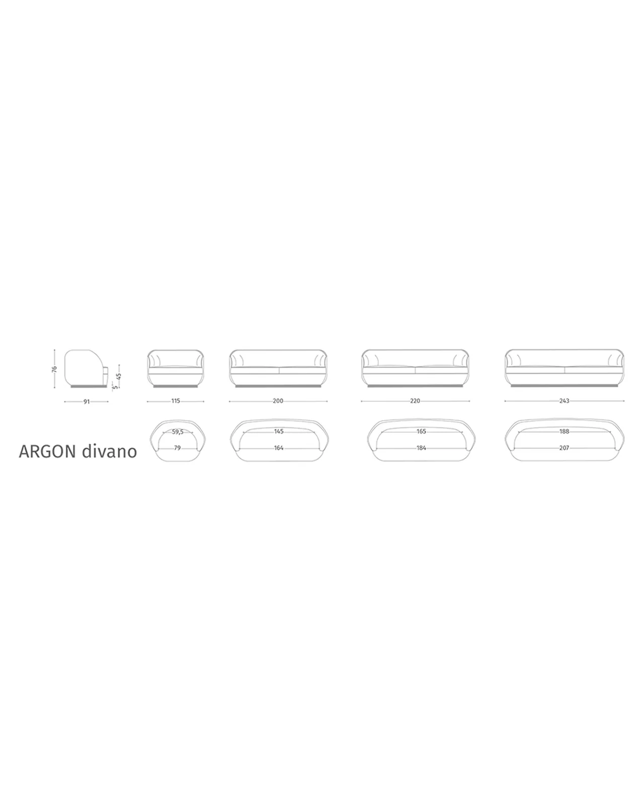 Argon Sofa by Epoque, Exence collection, sofa technical drawing with dimensions, photo 5 of 5