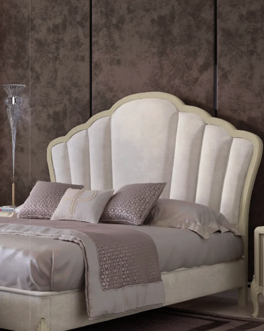 Ocean Shell-shaped Bed, Upholstered Frame, Hand-carved legs by Francesco Pasi, in an interior setting, photo 1 of 2