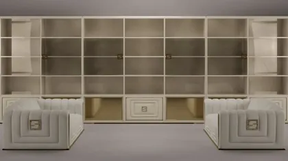 Modern Collier shelving wall unit in ivory, designed for luxury organization in contemporary living rooms.