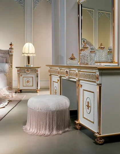 Bedside Table With Gold Details And Columns Dressing Table With Gold Details And Columns Mirror, high end Italian furniture