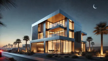 Night Exterior View of a Modern Sustainable Home with Eco-Friendly Aluminum Facade